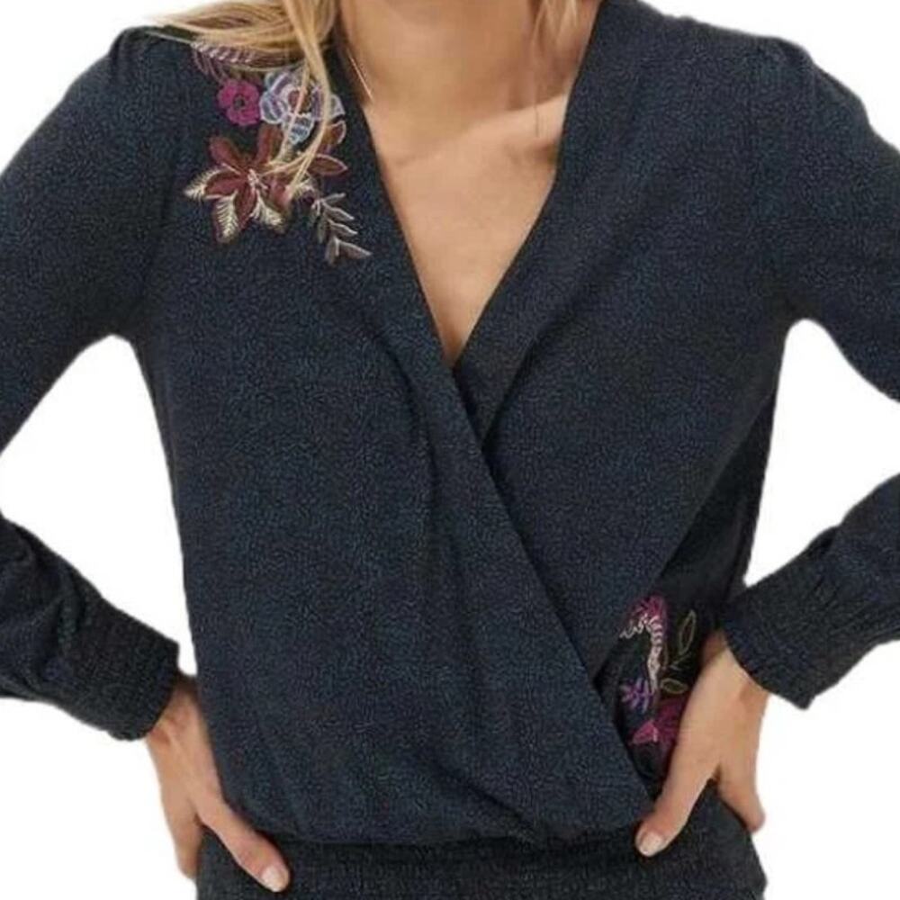 Fat Face Floral Embroidered Dotted Remi Top Womens Size 8 Black Faux Wrap Blouse